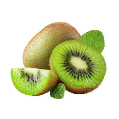 Fototapeta premium Kiwi Freshness: Close-up shot reveals the vibrant kiwi fruit, showcasing its juicy green flesh, refreshing slices, and fresh leaves, all embodying the essence of healthy eating.