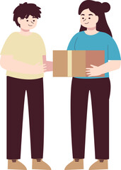 An illustration of a woman in a blue shirt handing a cardboard package to a man in a friendly delivery or exchange.
