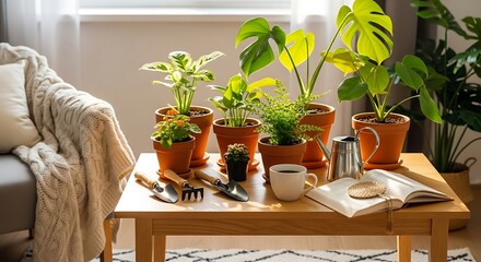 Fototapeta premium Indoor garden scene featuring various potted plants on a wooden table, alongside gardening tools, a book, and a cup of coffee.