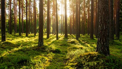 Obraz premium Sunlight filtering through pine trees