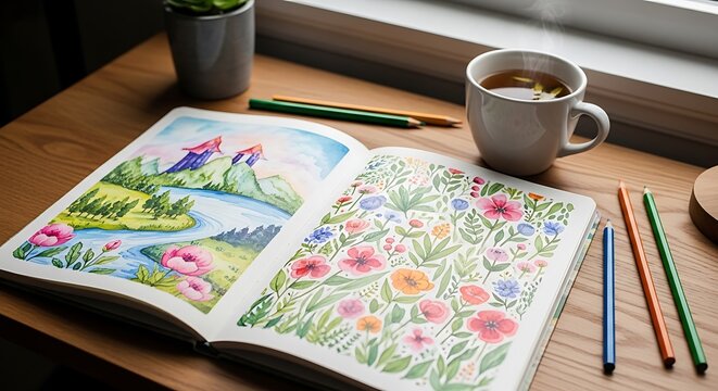 Open coloring book displaying colorful floral and landscape drawings on a wooden table next to a window, with pencils and a cup of tea. - Powered by Adobe