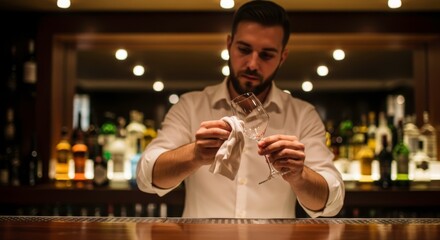 Bartender polishing a wine glass with a white cloth behind the bar with bottles in the background