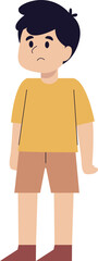 A cartoon illustration of a young boy with a sad and worried facial expression, wearing a yellow t-shirt and brown shorts.