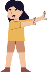 An illustration of a young person with a distressed expression, eyes squinted, and mouth open, extending both hands forward in a clear gesture of refusal or discomfort.