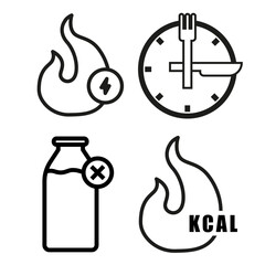 Obraz premium Calorie energy burn. Food time schedule. Forbidden milk product. Vector diet icons.