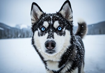 Fototapeta premium Close-up of a majestic Husky covered in snowflakes. Generative Ai