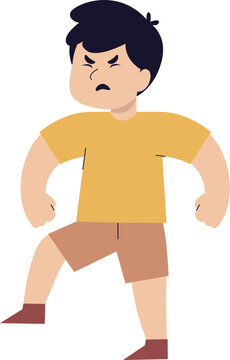 A young boy stands with an angry expression, fists clenched, and one leg raised as if stomping in frustration.