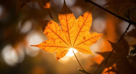 Golden Maple Leaf Illuminated by Sunlight, Autumnal Beauty, Backlit Detail.