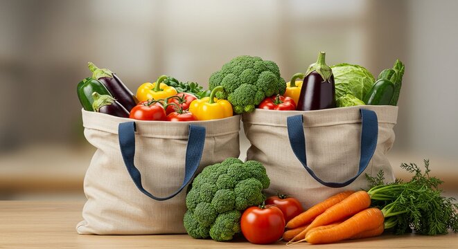 Fresh Organic Vegetables in Eco-Friendly Reusable Shopping Bags: Vibrant Tomatoes, Broccoli, Carrots, Peppers, and Eggplants - Healthy Eating and Sustainable Lifestyle Concept Photography. Perfect ... - Powered by Adobe