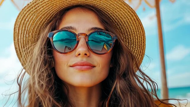 Relaxed beach vibes with sunkissed woman in stylish sunglasses and summer hat