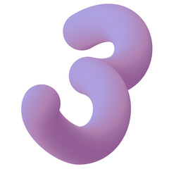 A 3D rendering of a soft, purple number three with a smooth gradient and rounded, inflated shape on a white background.