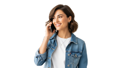 Junge stilvolle Frau telefoniert im Casual-Chic Look vor transparenten Hintergrund – PNG