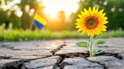 Yellow sunflower grows through cracked asphalt symbolizing hope and resilience for Ukraine