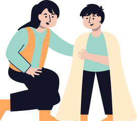 Obraz premium A woman kneels beside a boy, placing a comforting hand on his shoulder while he's wrapped in a blanket.