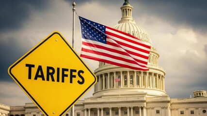 Yellow tariffs sign with the us flag and the capitol building in the background on a cloudy day - Powered by Adobe
