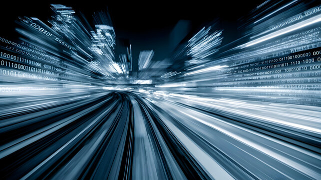 Abstract blue cityscape with motion blur and binary code overlaying the image elements