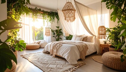 Fototapeta premium Serene Bedroom with Plants and Natural Light, Bohemian Style