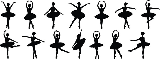 Ballet dancer silhouette set, classical dance poses, tutu costume, elegant movement, pirouette arabesque position, vector illustration, graceful choreography design © Ideasy Mind