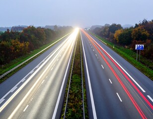 Highway at dawn with streaks of car lights