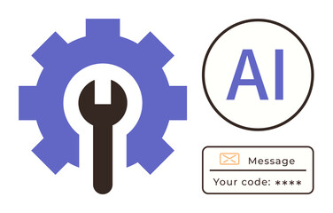 Gear and wrench represent AI settings and configuration. Text bubble with code suggests secure messaging. Ideal for AI, automation, tech solutions, innovation, programming, security, simple flat