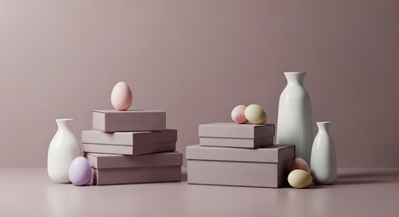 Pastel Easter Still Life: Eggs, Boxes, and Vases in Soft Light