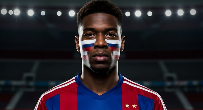 A soccer player with face paint showing support for his team in a stadium setting. - Powered by Adobe