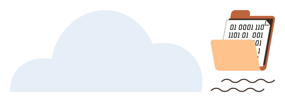 Cloud next to folder holding binary code document conveys data storage, transfer, and management. Ideal for technology, cybersecurity, cloud computing, database, software, backup digital solutions