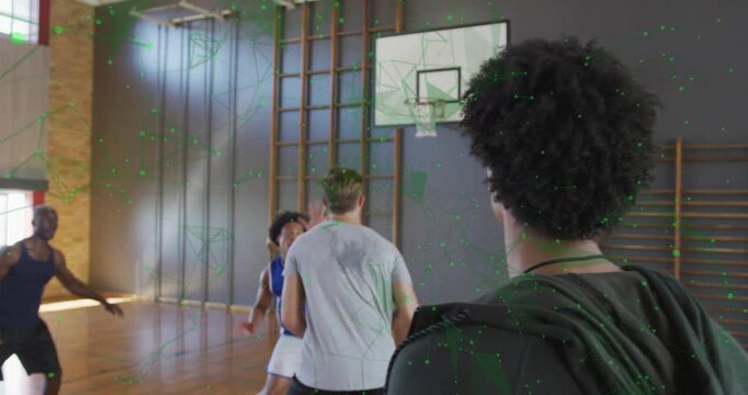 Sports observer watching dribbler dribbling past defenders releasing shot scoring point