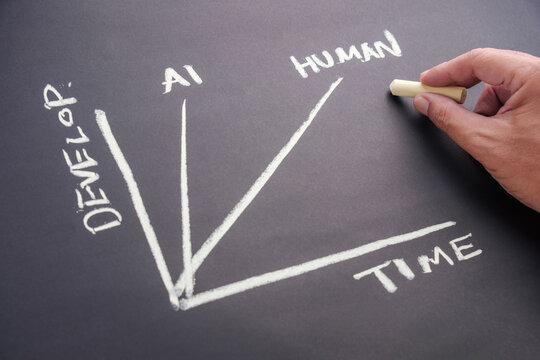 Hand-drawn chalk graph comparing rapid AI development and slower human growth over time, illustrating the widening performance gap between technology and people