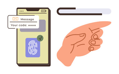 Smartphone displaying fingerprint scanning and verification code. Hand pointing for user interaction. Ideal for security, technology, access, privacy, digital authentication, user interface, online