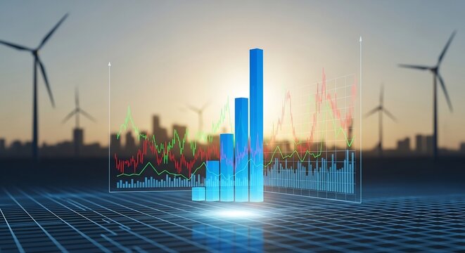Renewable Energy Growth: Wind Turbines and Financial Data Visualization.