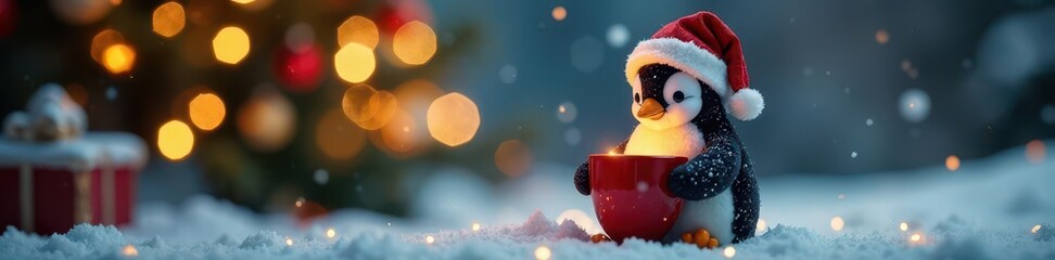 Adorable penguin with Santa hat enjoys a warm cocoa; blurry Christmas lights , celebration, santa