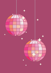 Pink disco ball poster illustration. Retro mirror ball with sparkle effects vector