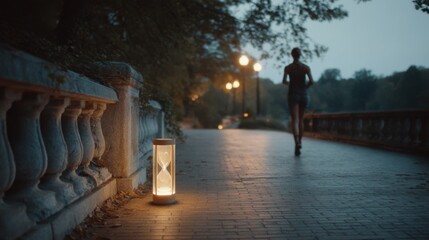 Medium shot capturing a fitness enthusiast power walking on a serene park walkway with a floating glass hourglass glowing softly urging a daily halfhour workout.