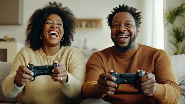Joyful couple gaming: exciting moments of fun and laughter in a cozy living room setting