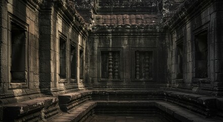 Fototapeta premium Ancient Angkor Wat Stone Carvings: Dark Temple Interior Architecture