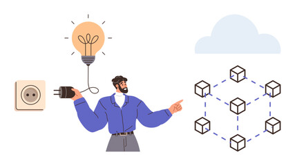 Man holding plug near socket, glowing lightbulb, and pointing at cloud-connected blocks network. Ideal for innovation, blockchain, energy, technology, sustainability, cloud computing digital