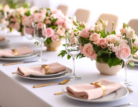 Elegant table setting with pastel pink flowers