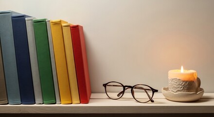 Serene Bookshelf Still Life with Colorful Books, Glasses, and Warm Candlelight