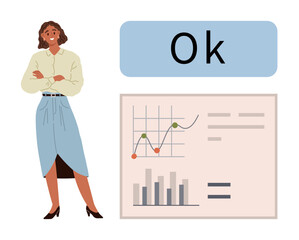 Woman with crossed arms beside graph showing bar and line data trends, OK confirmation. Ideal for business analysis, success, management, growth, decision making, empowerment, simple flat metaphor