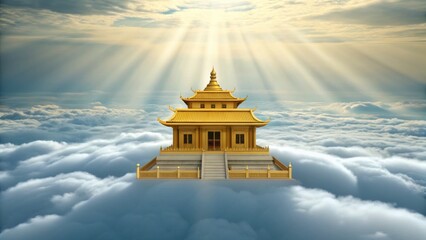 Golden temple soaring above the clouds bathed in heavenly light, a peaceful and spiritual scene