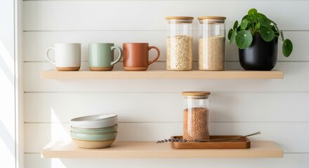 Serene Minimalist Kitchen Shelves with Earthy Ceramics, Pantry Jars, and Greenery.