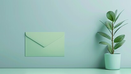 Mint green envelope and plant on a mint green wall