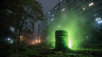 Toxic waste barrel emitting eerie green light beneath a housing block emphasizing the concealed contamination impacting community soil safety.