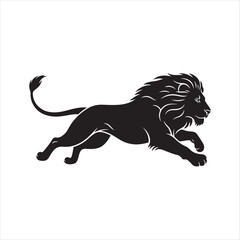 Obraz premium Black lion silhouette in mid-stride with flowing mane and tail running jumping