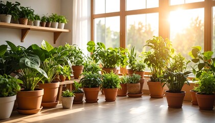Sunlight streams into a room filled with potted plants