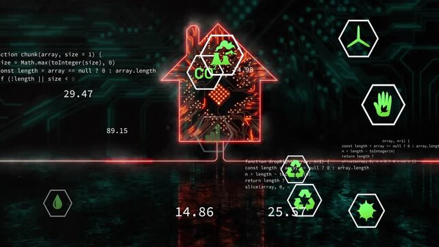 Code snippet switching and updating hexagon metrics around glowing circuit-board house silhouette