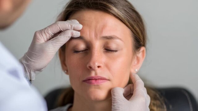 Doctor examining a patients facial nerve function demonstrating symptoms of Bells palsy through muscle inactivity on one side.