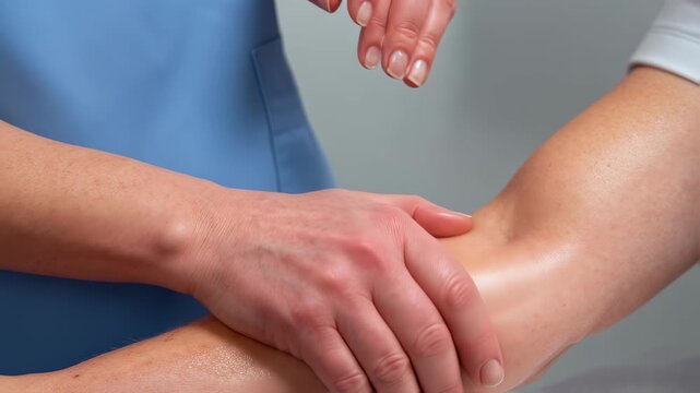 Clinical examination scene focusing on stretched shiny skin on upper arm affected by systemic sclerosis.