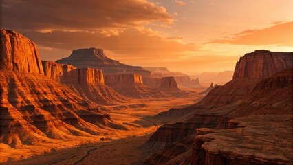Stunning canyon landscape at sunset with warm golden light washing over the majestic rock formations